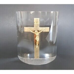 1970s Acrylic Lucite Block Bookend Sculpture Gold Holy Cross Crucifix Religious